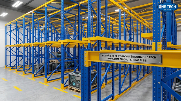 Cấu tạo kệ drive in công nghiệp chịu tải nặng Cấu tạo kệ drive in công nghiệp gồm chân trụ ray đỡ và giằng liên kết