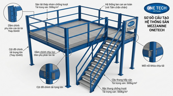 Cấu tạo hệ thống kệ sàn mezzanine Cấu tạo kệ sàn mezzanine gồm cột trụ thanh beam mặt sàn lan can và cầu thang