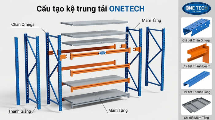 Cấu tạo kệ trung tải sắt sơn tĩnh điện Cấu tạo kệ trung tải sắt sơn tĩnh điện gồm chân trụ beam và mâm tầng