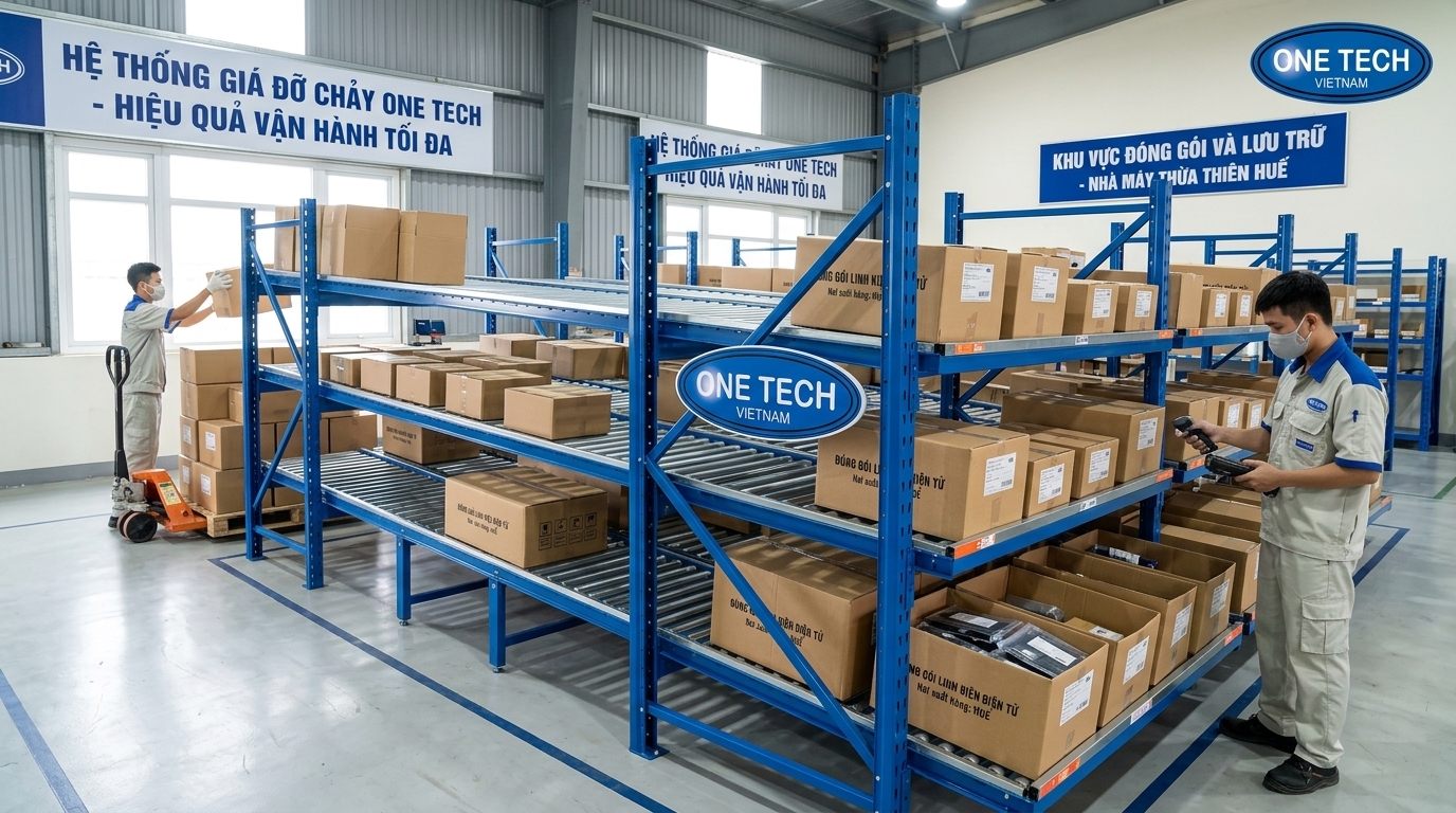 Kệ Flow racks Thừa Thiên Huế dùng trong kho sản xuất và đóng gói