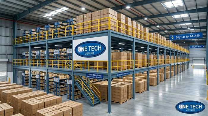 Kệ sàn mezzanine cho hàng đóng thùng Kệ sàn mezzanine lưu trữ hàng đóng thùng trong kho doanh nghiệp