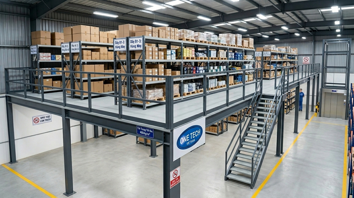 Kệ sàn mezzanine lưu trữ hàng nhẹ Kệ sàn mezzanine lưu trữ hàng nhẹ ở tầng trên giúp kho gọn hơn