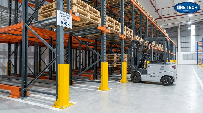 Kệ drive in có bảo vệ chân trụ Kệ drive in có bảo vệ chân trụ chống va đập xe nâng
