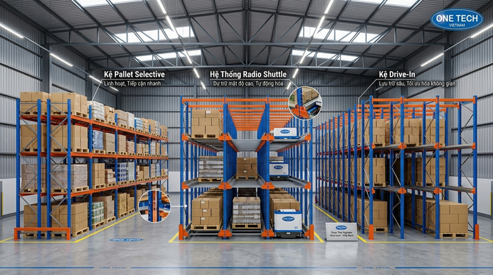 So sánh các hệ thống kệ chứa pallet cho kho tại Huế So sánh kệ Radio Shuttle Thừa Thiên Huế với kệ Drive In và kệ pallet