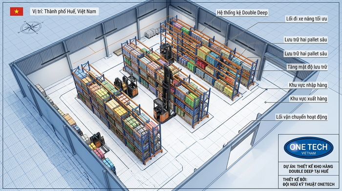 Layout kệ Double Deep tối ưu kho hàng Bản vẽ layout kệ Double Deep tối ưu lối đi xe nâng cho kho tại Huế