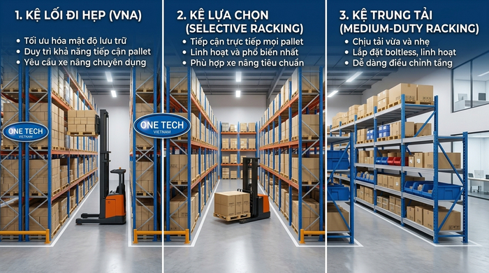 So sánh kệ Narrow Aisle với kệ selective và kệ trung tải
