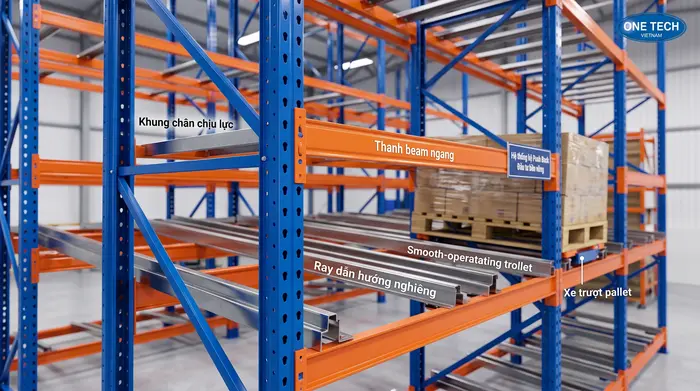 Cấu tạo kệ đẩy lùi Push Back tại Huế Cấu tạo kệ đẩy lùi Push Back gồm khung chân thanh beam ray và xe trượt