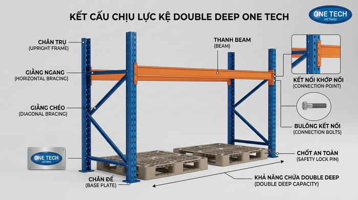 Cấu tạo kệ Double Deep công nghiệp Cấu tạo kệ Double Deep gồm chân trụ thanh beam giằng và chân đế