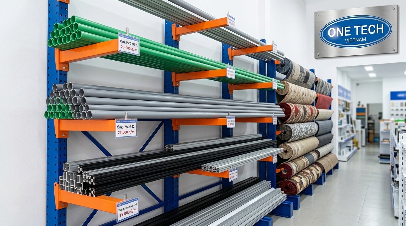 Kệ cantilever tối ưu không gian cửa hàng Kệ cantilever trưng bày hàng dài cho cửa hàng nhỏ hẹp tại Huế