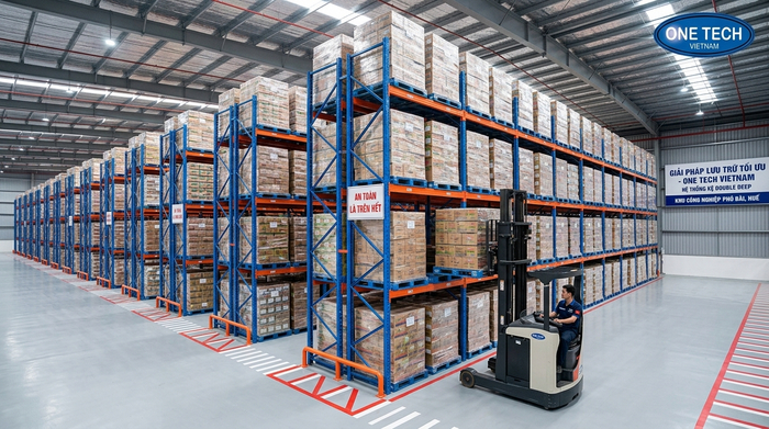 Kệ Double Deep cho kho công nghiệp Phú Bài Huế Hệ thống kệ Double Deep trong kho pallet tại khu vực Phú Bài Huế