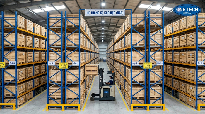Mô phỏng hệ thống Kệ Narrow Aisle Thừa Thiên Huế với lối đi hẹp trong kho pallet