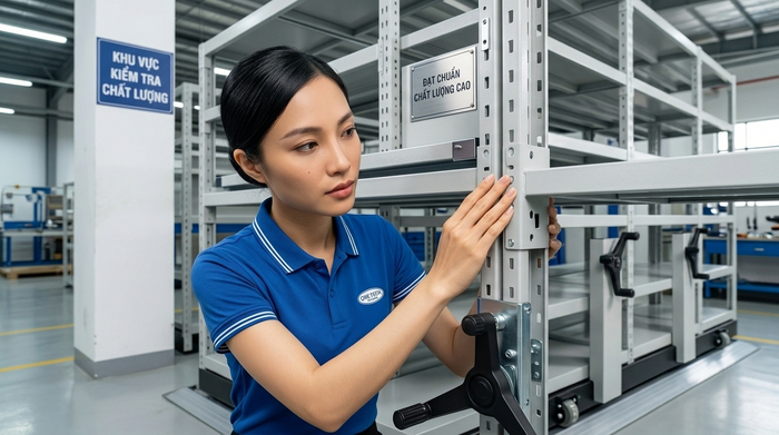 Kiểm tra chất lượng kệ kho di động theo tiêu chuẩn trước bàn giao