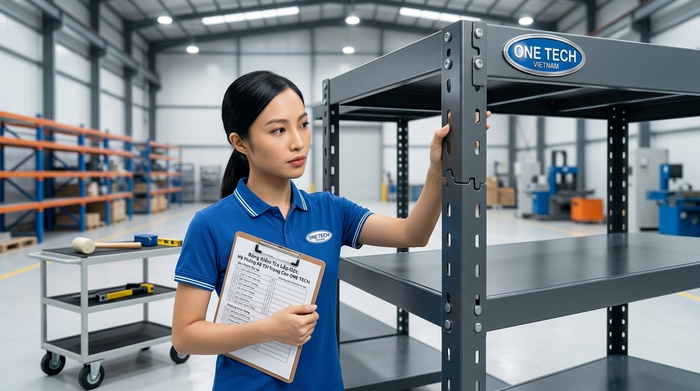 Thi công lắp đặt kệ kho hàng chuẩn ISO Đội ngũ kỹ thuật đang lắp đặt kệ sắt công nghiệp theo tiêu chuẩn