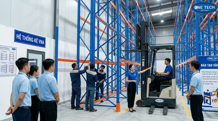 Lắp đặt kệ VNA và đào tạo quy trình vận hành xe nâng trong lối đi hẹp