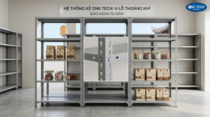 Tối ưu không gian lưu trữ với kệ sắt v lỗ đa năng Mô hình kệ sắt v lỗ giúp tiết kiệm không gian cho cửa hàng bán lẻ tại Huế