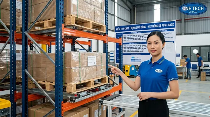 Nghiệm thu kệ Push Back bằng pallet thực tế Nghiệm thu kệ Push Back bằng pallet thực tế trước khi đưa vào sử dụng