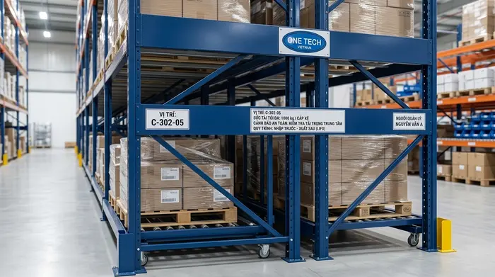 Nhãn vị trí kệ Push Back quản lý tồn kho Gắn nhãn vị trí trên kệ Push Back để quản lý tồn kho chính xác