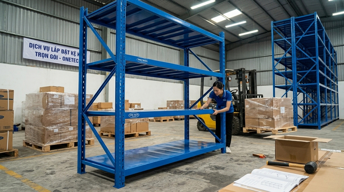 Quy trình lắp đặt kệ sắt v lỗ chuyên nghiệp và an toàn Đội ngũ kỹ thuật OneTech đang tiến hành lắp đặt kệ sắt tại kho hàng