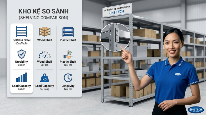 So sánh ưu nhược điểm các loại kệ chứa hàng Bảng so sánh trực quan giữa kệ sắt v lỗ, kệ gỗ và kệ nhựa
