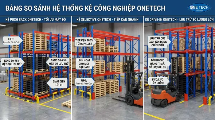 So sánh Kệ Push Back và hệ thống kệ khác So sánh Kệ Push Back Thừa Thiên Huế với các loại kệ công nghiệp khác