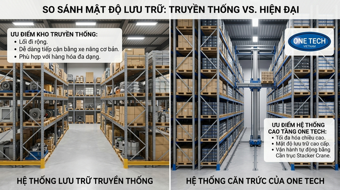 So sánh kho thường và kho Stacker-Crane So sánh kho truyền thống và kho dùng Stacker-Crane về mật độ lưu trữ