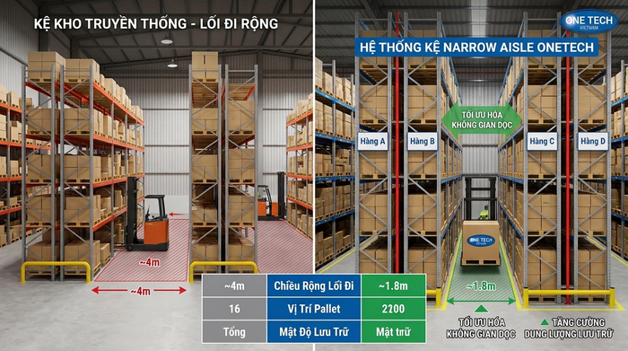 So sánh mặt bằng kệ thông thường và Kệ Narrow Aisle Thừa Thiên Huế