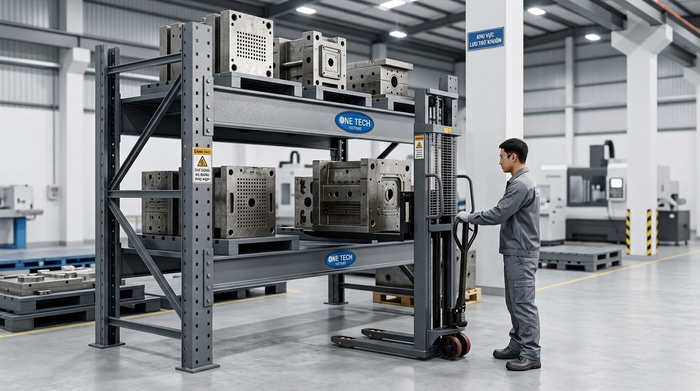 Thiết bị nâng hạ khi sử dụng kệ khuôn Xe nâng tay thao tác lấy khuôn trên kệ khuôn