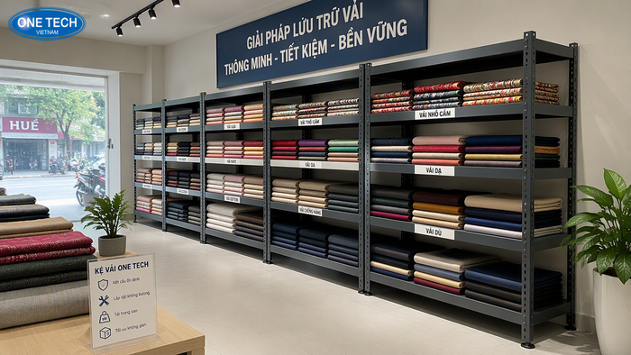 Bố trí kệ lưu trữ vải cho shop thời trang tại Huế giúp tiết kiệm diện tích