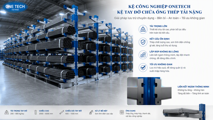 Cấu tạo kệ để ống thép chịu tải cao gồm trụ và tay đỡ