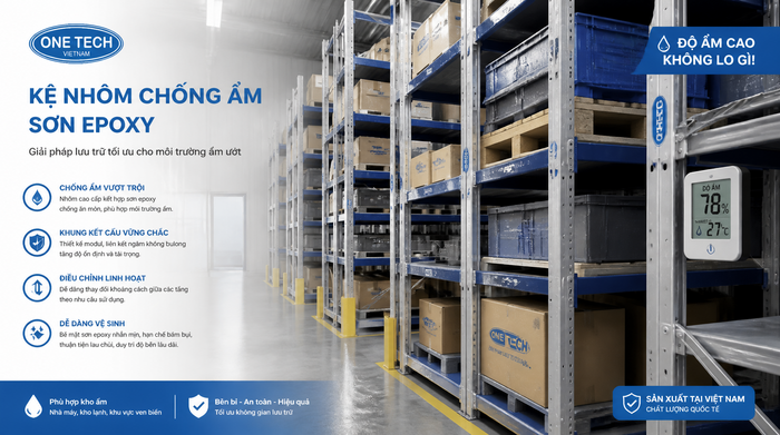 Kệ nhôm chịu ẩm và kệ phủ epoxy cho kho Huế Kệ nhôm chịu ẩm phủ epoxy phù hợp môi trường ẩm ở Huế