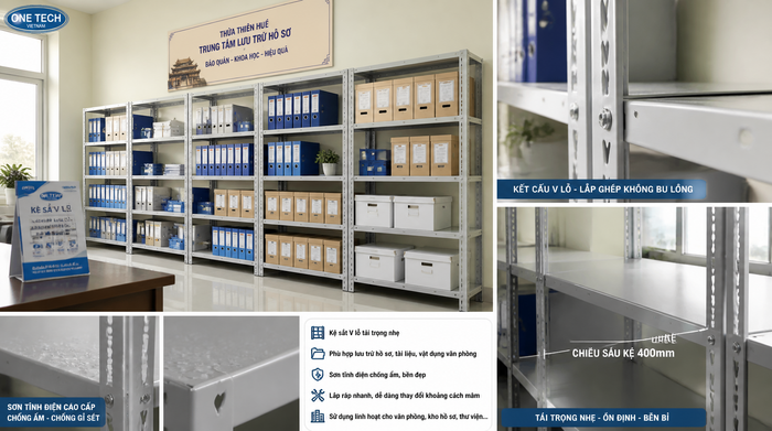 Kệ sắt V lỗ tải trọng nhẹ dùng cho văn phòng và kho hồ sơ tại Huế