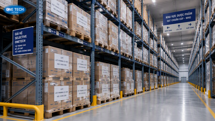 Kệ Selective giúp tiếp cận trực tiếp từng pallet thuốc Kệ Selective cho kho dược phẩm lưu trữ pallet
