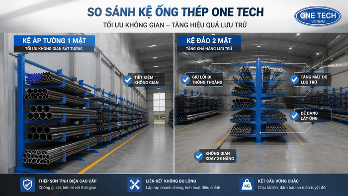 So sánh bố trí kệ ống thép một phía và hai phía