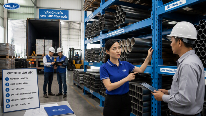 Vận chuyển kệ để ống thép bằng xe chuyên dụng đến kho khách hàng