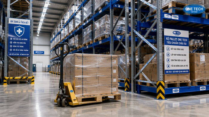 Mẫu xe chuyên dụng dùng cùng kệ kho hàng tại Thừa Thiên Huế Xe nâng tay kết hợp kệ pallet trong kho hàng tại Huế