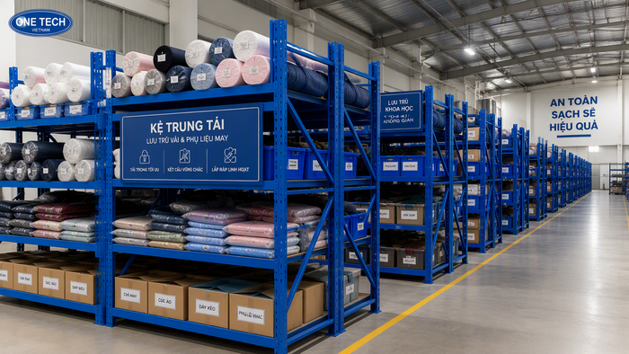 Kệ kho trung tải cho xưởng may tại Huế chứa vải và nguyên phụ liệu