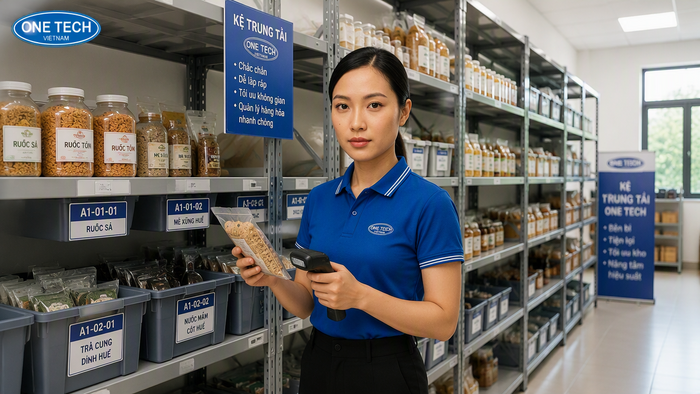 Kệ trung tải cho kho đặc sản Huế giúp hàng hóa khô thoáng và dễ kiểm kê